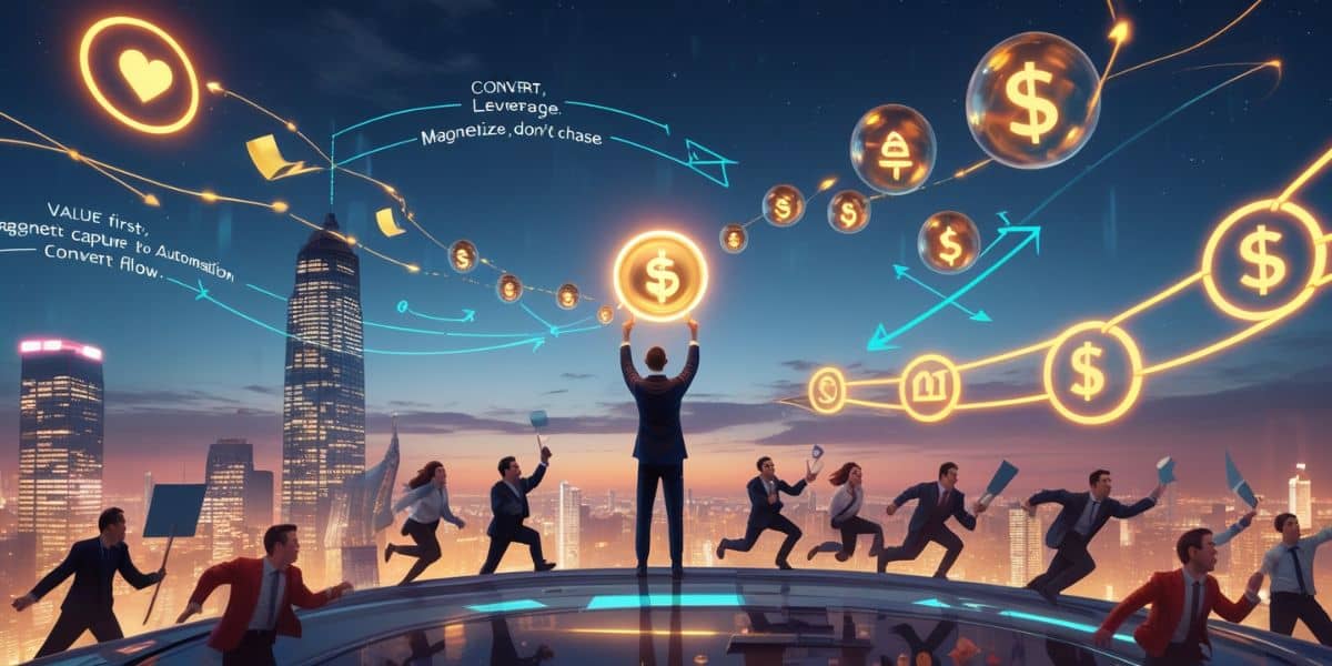 Futuristic digital illustration showing the concept of how to get referrals by attracting leads with magnetic marketing instead of chasing prospects.