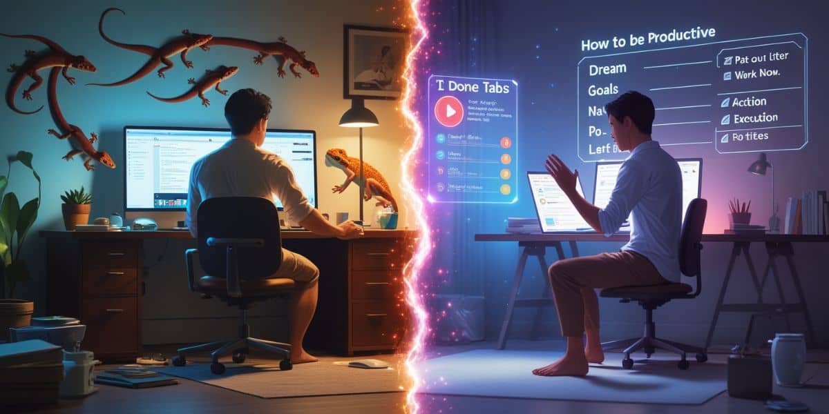 Split digital illustration showing a man learning how to be productive—distracted on one side with lizards and open tabs, focused on the other with clear goals and routine.
