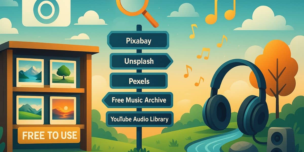 A split digital landscape showing an open-air image gallery and a music-inspired nature scene, with a glowing sign pointing to free creative resources like Pixabay and Free Music Archive.