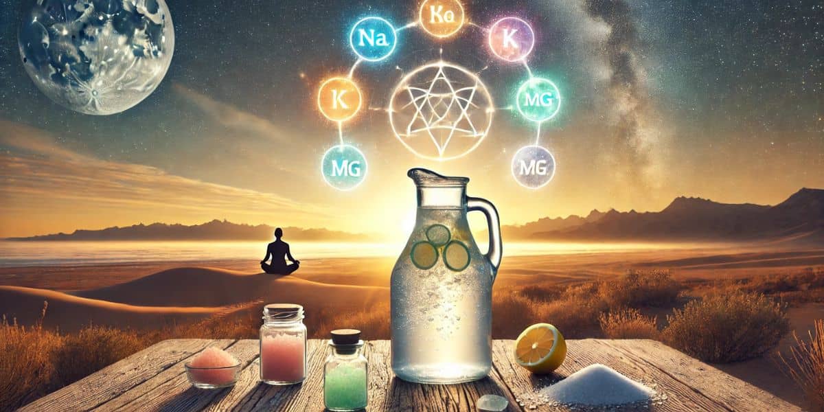 Best Homemade electrolyte drink in a desert sunrise scene with natural minerals and fasting symbolism, representing the best DIY electrolyte drink for fasting, keto, and hot days.