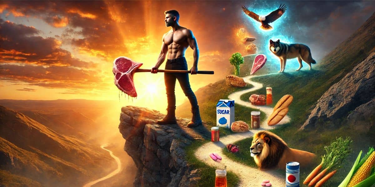 A primal man holding a steak and skillet on a cliff at sunrise, symbolizing the Carnivore Diet’s power to burn fat and boost energy.