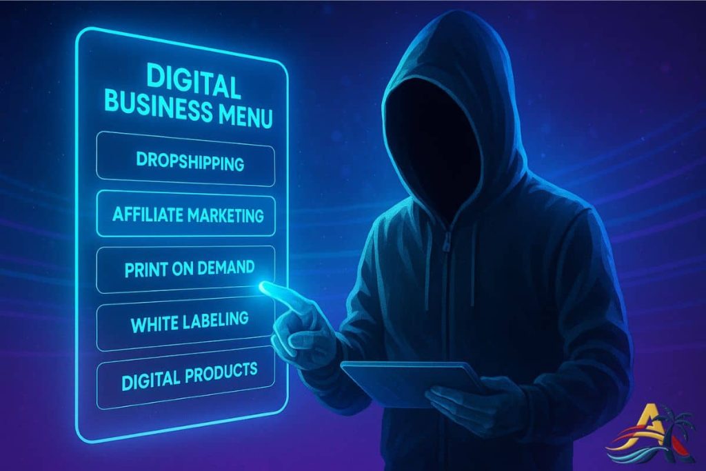 A faceless Ghost Commerce figure interacts with a glowing digital business menu floating in midair, featuring categories like Dropshipping, Affiliate Marketing, and Digital Products.