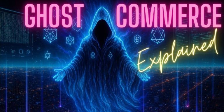 A faceless floating hooded figure made of glowing neon blue energy levitates above a cyberpunk cityscape filled with digital data streams and futuristic holograms.