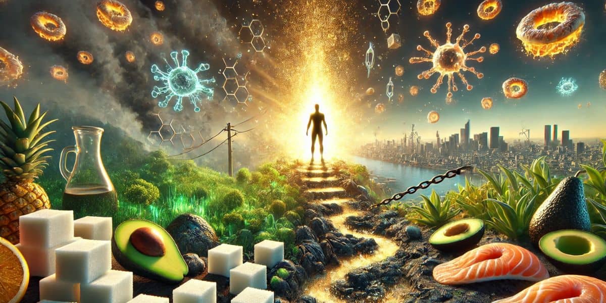 Symbolic artwork of a person escaping sugar addiction and insulin resistance by entering a vibrant fat-burning world, inspired by the keto diet.