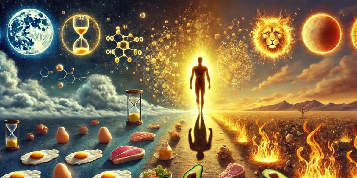 A symbolic transformation of the human body through intermittent fasting, from sugar burning to fat adaptation, featuring fasting phases and nutrient-dense foods.
