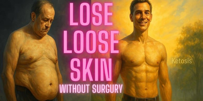 A surreal split-screen digital painting showing an “autophagy before and after transformation,” with a middle-aged man on the left appearing tired with loose belly skin, and on the right revitalized, glowing with health.