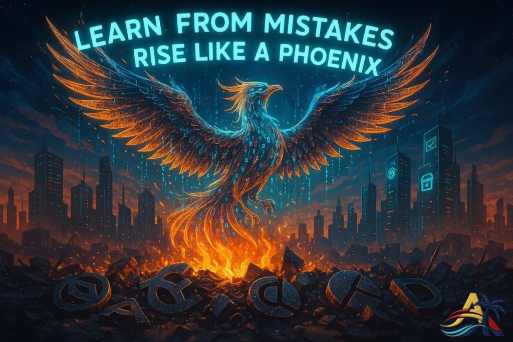 A radiant phoenix made of glowing digital code rises from the ashes of corporate ruins, visually representing My Ghost Commerce Experience and the journey from job collapse to digital rebirth.