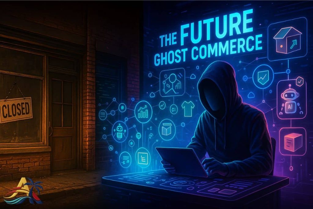 Split-screen digital illustration showing the future of ghost commerce explained through a contrast between a closed brick-and-mortar shop and a glowing futuristic workspace operated by a faceless digital entrepreneur.