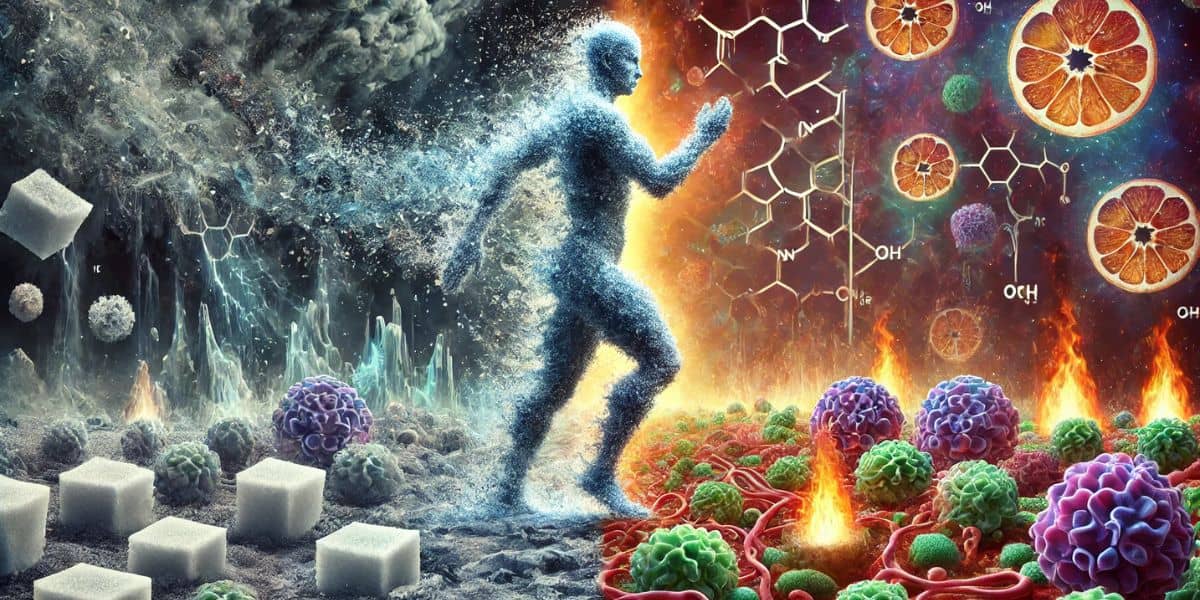 Futuristic artwork symbolizing weight loss on a low carb diet, showing transformation from sugar-fueled to fat-burning energy.