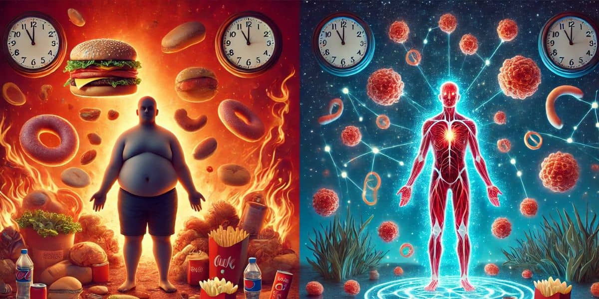 Surreal visual metaphor of a 5-day extended fast showing the transformation from inflammation and brain fog to mental clarity, fat burning, and cellular healing