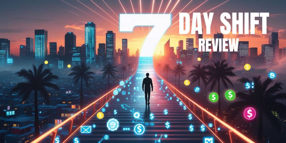 Illustration for 7 Day Shift review showing a digital pathway from a gray 9-5 city to a vibrant online freedom lifestyle, representing the Ghost Commerce journey.
