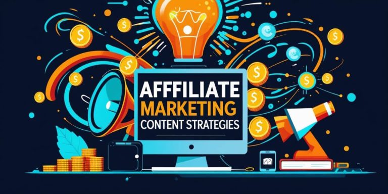 Affiliate Marketing Content Strategies illustrated with vibrant digital elements like a laptop, smartphone, magnet, and social media icons symbolizing online growth and engagement.