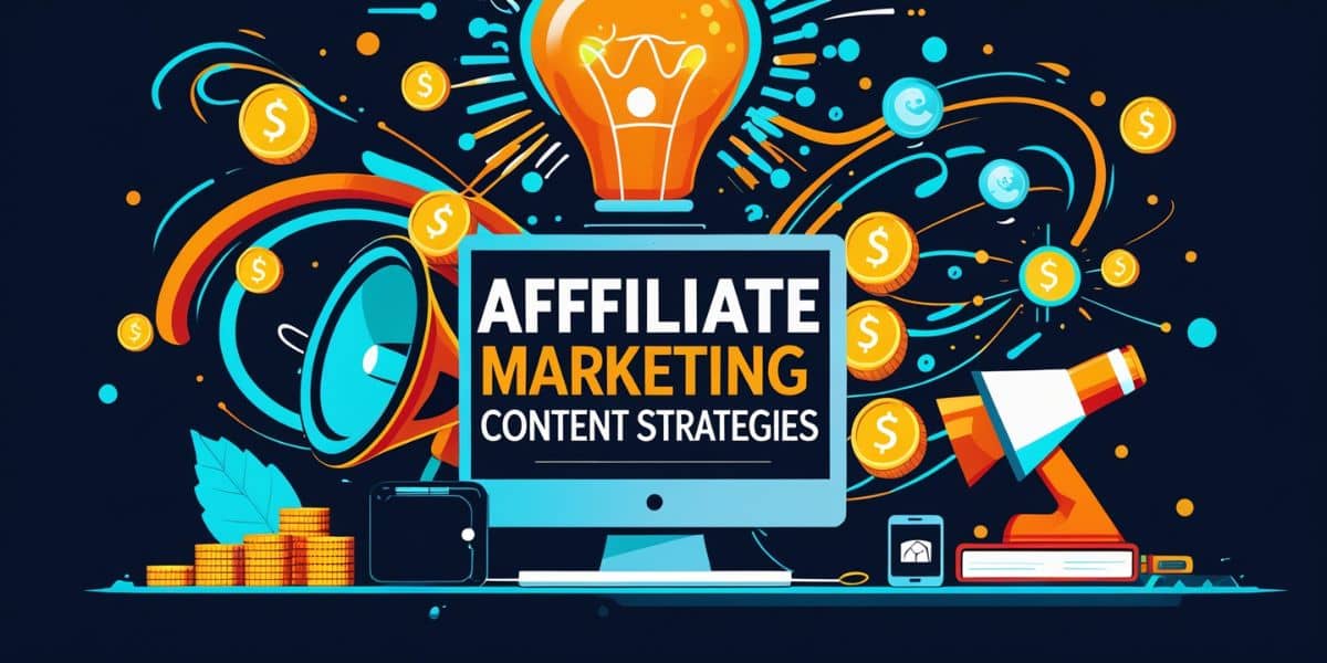 Affiliate Marketing Content Strategies illustrated with vibrant digital elements like a laptop, smartphone, magnet, and social media icons symbolizing online growth and engagement.