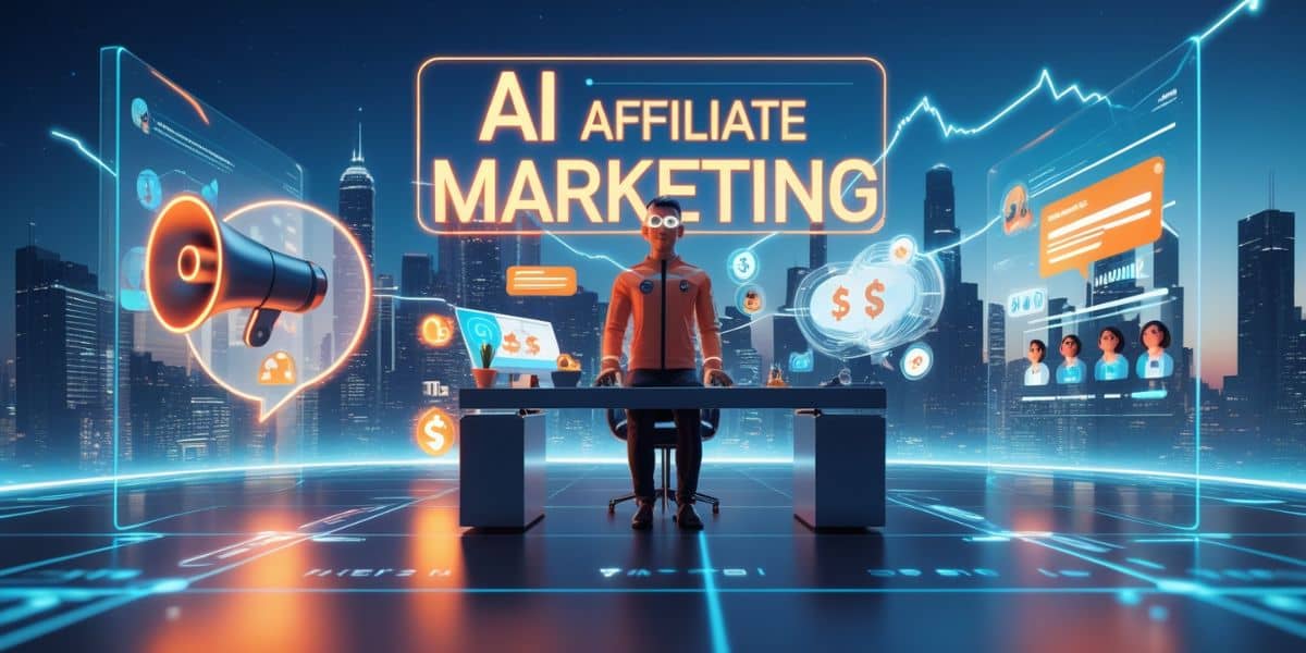 Futuristic digital illustration of an AI-powered affiliate marketer using branding tools to drive conversions, set in a glowing cyber city backdrop.