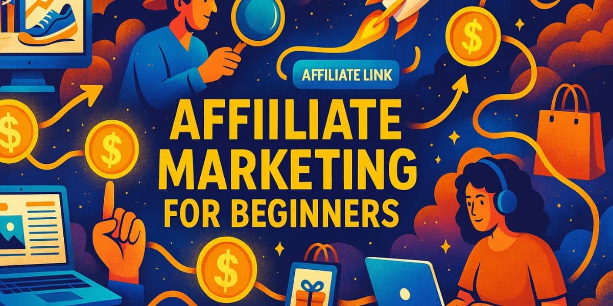A vibrant, surreal illustration representing Affiliate Marketing for Beginners, featuring glowing coins, content creators, digital symbols, and cosmic backgrounds.