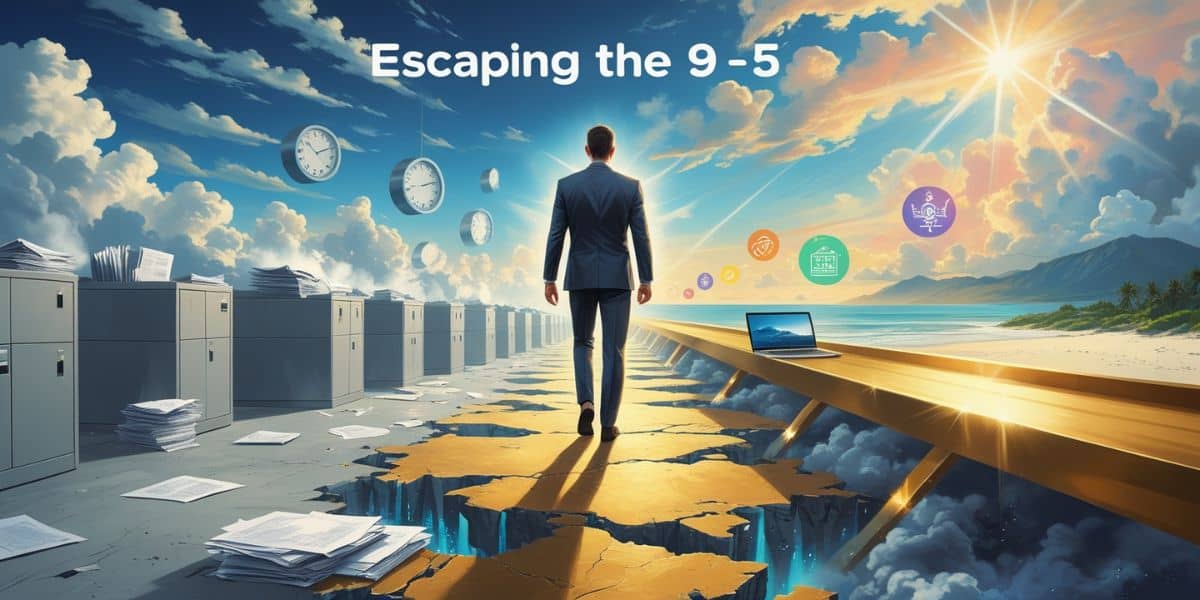 A man in a suit walks away from a crumbling office toward a golden path representing freedom, symbolizing the concept of escaping the 9–5 grind.