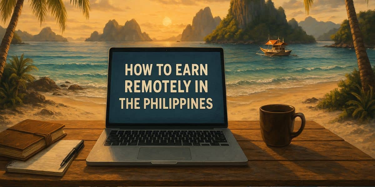 Scenic tropical beach workspace setup to earn remotely in the Philippines, featuring a laptop, coffee mug, and palm trees during sunset.
