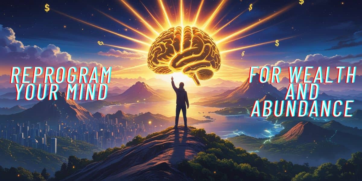 Silhouette of a person reaching toward a glowing golden brain at sunrise, symbolizing the journey how to reprogram your mind for wealth and abundance.