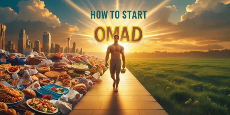 How to Start OMAD illustration showing a split world between chaotic fast food life and a serene healthy lifestyle path, with a confident man walking toward a sunset holding a plate of nutritious food.