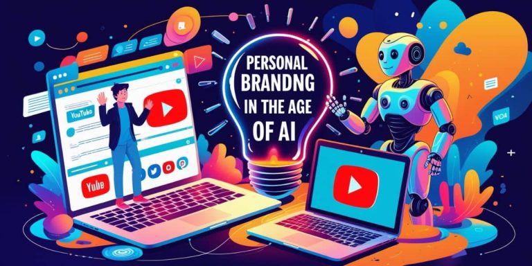 A futuristic digital illustration featuring a humanoid robot, a glowing lightbulb with the text “Personal Branding in the Age of AI,” a blog interface, and a laptop with a human waving — symbolizing the power of personal branding in an AI-dominated world.