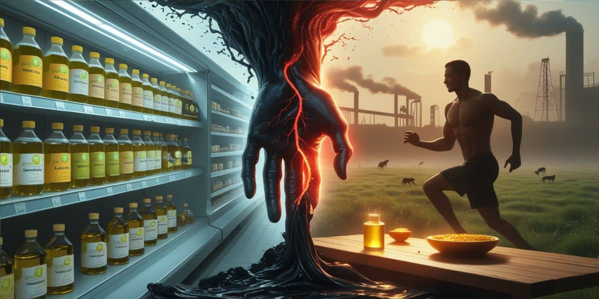 Surreal digital painting illustrating the harmful effects of seed oils with a split scene showing industrial seed oil production, health decline, and healthy fat alternatives.