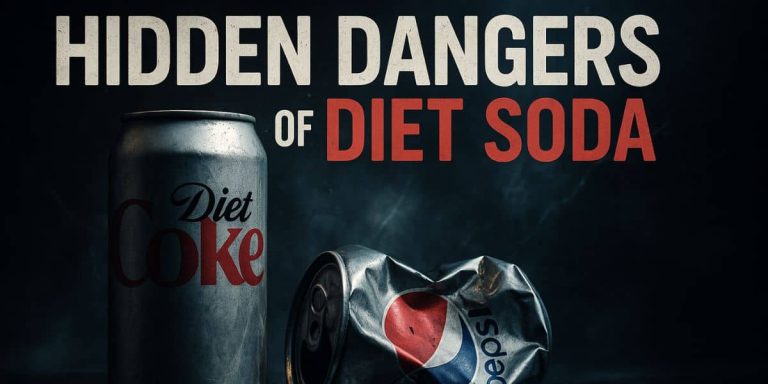 An ominous scene showing a worn Diet Coke can standing next to a crushed Diet Pepsi can on a dark reflective surface, with mist and cracked textures in the background, and the bold text “Hidden Dangers of Diet Soda” displayed dramatically.