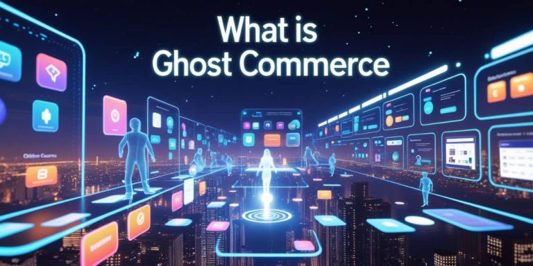 A futuristic digital marketplace above a glowing city skyline at night, with translucent human silhouettes interacting with holographic storefronts, apps, and online courses. Bold illuminated text reads "What is Ghost Commerce."