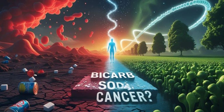 Surreal split-scene illustration depicting the contrast between acidic disease and natural healing, with the bold text “Bicarb Soda Cancer Treatment?” representing the concept of bicarb soda cancer treatment.