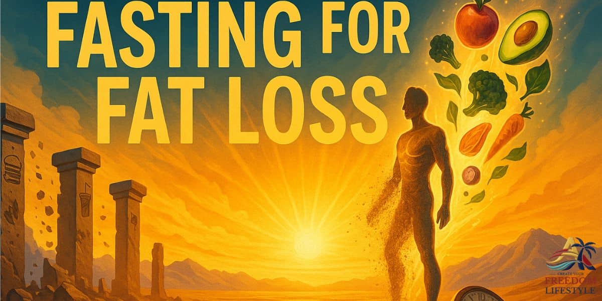 A glowing human figure transforming from sand under a sunrise in a desert, surrounded by healthy foods and crumbling pillars of junk food, with the words “Fasting for Fat Loss” in bold.