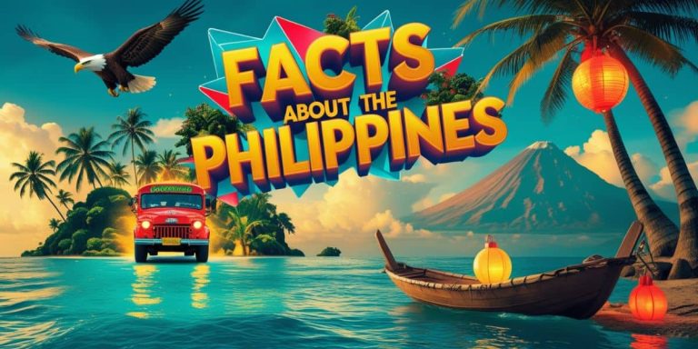 A colorful digital illustration showcasing iconic scenes from the Philippines—jeepney, tropical islands, Sinulog dancer, Philippine eagle, and parol lantern—with bold text reading “Facts About the Philippines.”