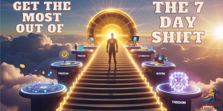 Futuristic digital artwork showing a person ascending glowing steps toward a portal labeled “Freedom,” surrounded by holograms representing digital branding tools; overlaid with the text “Get the Most Out of the 7 Day Shift.”