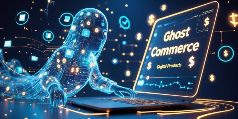 Illustration of a ghostly figure floating over digital icons like ebooks, coins, and a laptop, representing the concept of Ghost Commerce Digital Products.