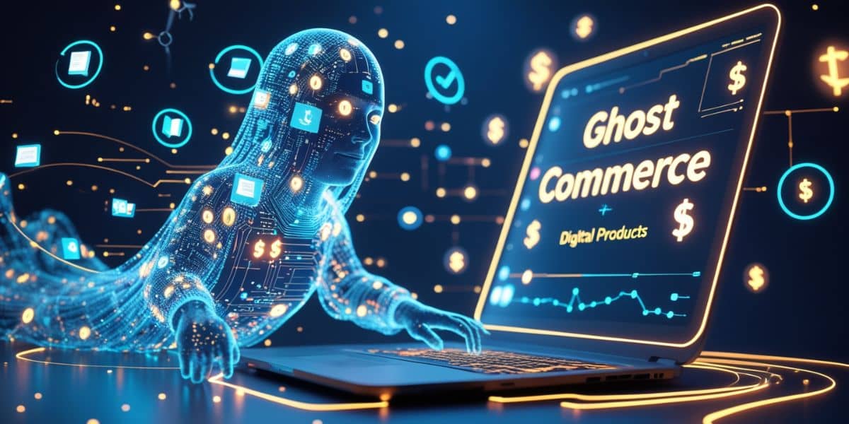 Illustration of a ghostly figure floating over digital icons like ebooks, coins, and a laptop, representing the concept of Ghost Commerce Digital Products.