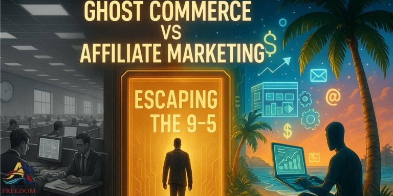 A surreal split-scene illustration showing the contrast between a gray 9-5 office and a colorful tropical setting, with a glowing doorway labeled "Ghost Commerce vs Affiliate Marketing" and the words “Escaping the 9–5” illuminated in the center.