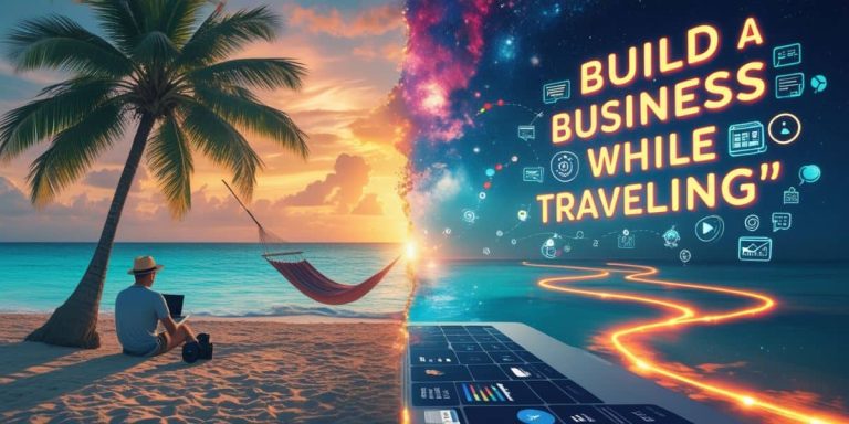 Digital illustration of a man working on a laptop at the beach with vibrant charts and icons emerging from the screen, symbolizing how to build a business while traveling.