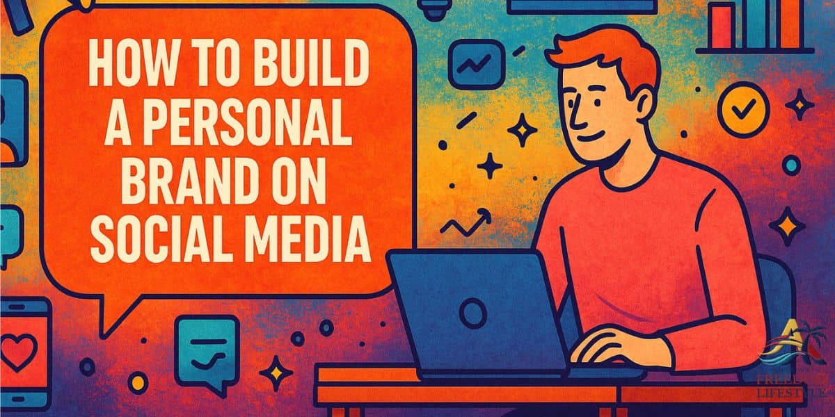 A colorful digital illustration of a person working on a laptop, surrounded by social media icons and branding elements, with the text “How to Build a Personal Brand on Social Media” in a bold orange speech bubble.