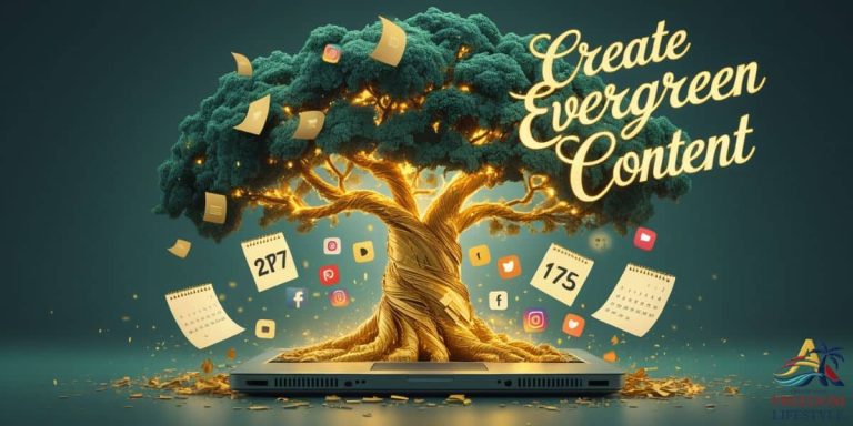 Illustration representing How to Create Evergreen Blog Content, with a glowing tree growing from a laptop and blog pages symbolizing lasting digital content.