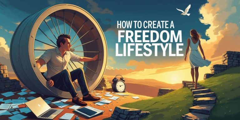 Illustration of a person escaping the rat race, symbolizing how to create a freedom lifestyle through health, time, and financial independence.
