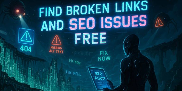 Futuristic digital landscape with a crumbling code city and warning signs highlighting how to find broken links and SEO issues free.