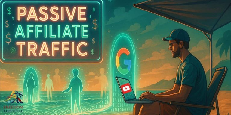 Digital nomad on beach creating passive affiliate traffic with blog and video content; futuristic glowing sign and portals to Google and YouTube.