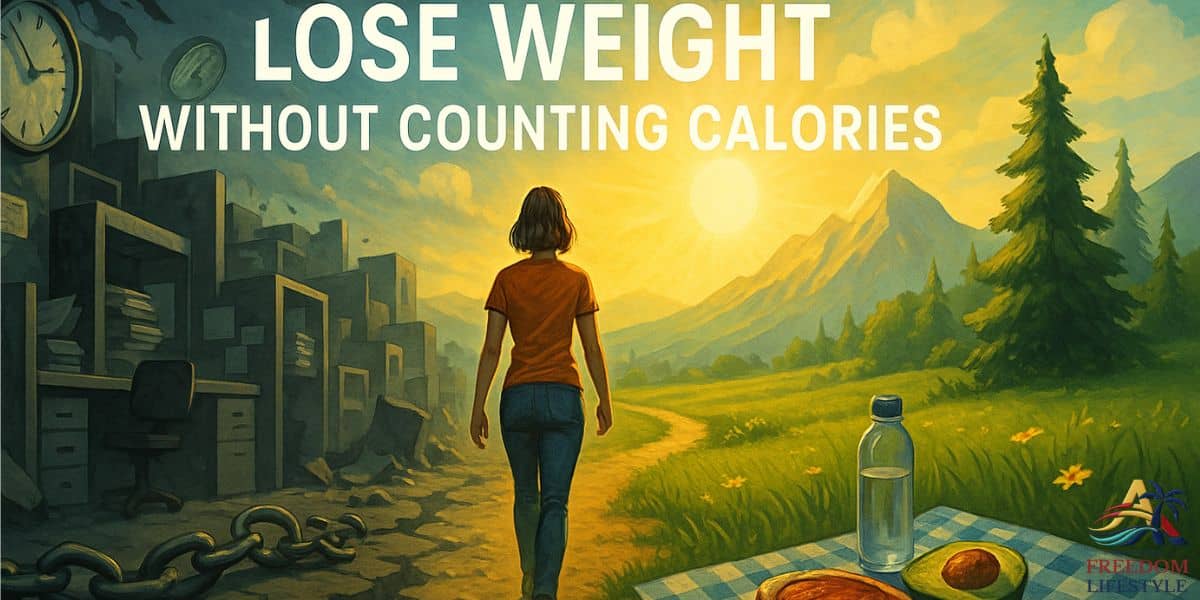 A woman walking from a crumbling office into nature, symbolizing freedom and health, with a picnic scene including ribeye steak and the phrase “Lose Weight Without Counting Calories” in the sky.