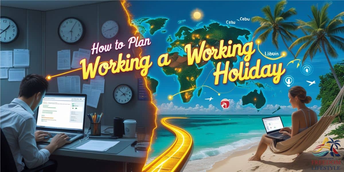 Split image showing transition from corporate office to tropical remote work setup, symbolizing how to plan a working holiday as a digital nomad.