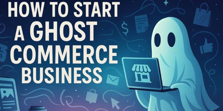A ghost character using a laptop surrounded by digital icons, representing the concept of How to Start a Ghost Commerce Business.