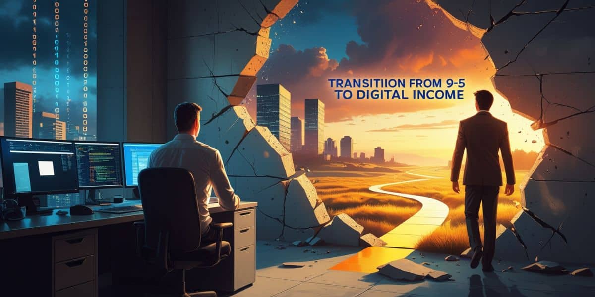 A surreal digital painting showing a man in a corporate office watching another version of himself walk into a bright digital landscape, symbolizing the transition from 9 to 5 to digital income.