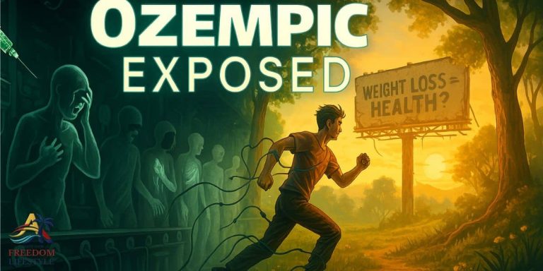 A thought-provoking digital illustration showing the dark reality of Ozempic side effects — from stomach paralysis to vision loss — contrasted with a natural path to healing.