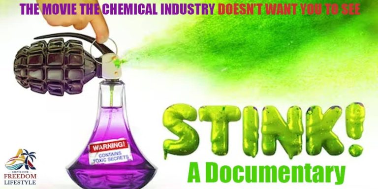 Stink. Purple perfume bottle releasing green mist symbolizing toxic chemicals in everyday products