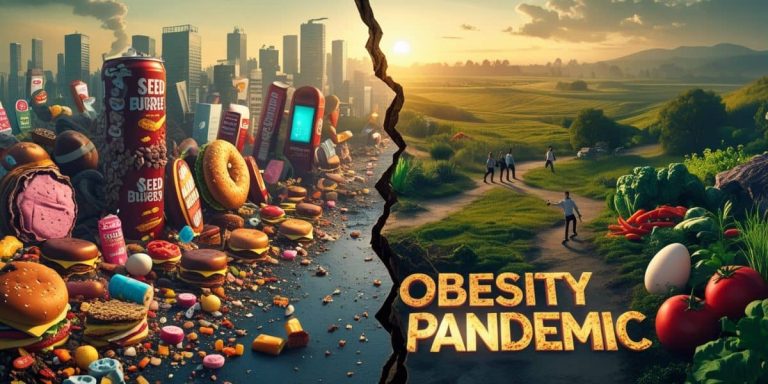 A dramatic split-scene illustration depicting the obesity pandemic, with one side showing fast food chaos and the other side a peaceful, healthy lifestyle.