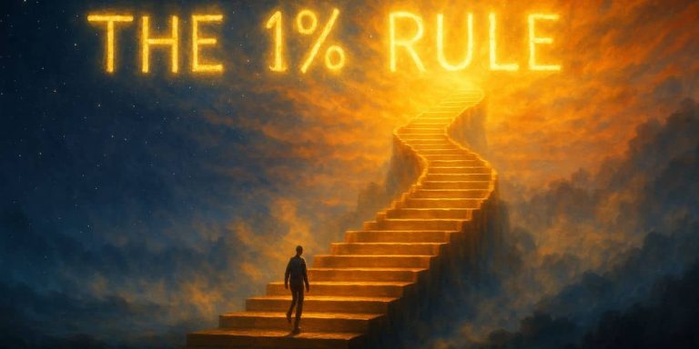 A golden staircase rising into a glowing sunrise with a lone figure climbing upward, symbolizing The 1% Rule and the power of daily progress.