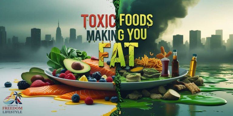 A split-plate image showing clean, healthy whole foods on one side and toxic processed junk food like soda, seed oils, and cereal on the other, symbolizing toxic foods making you fat.