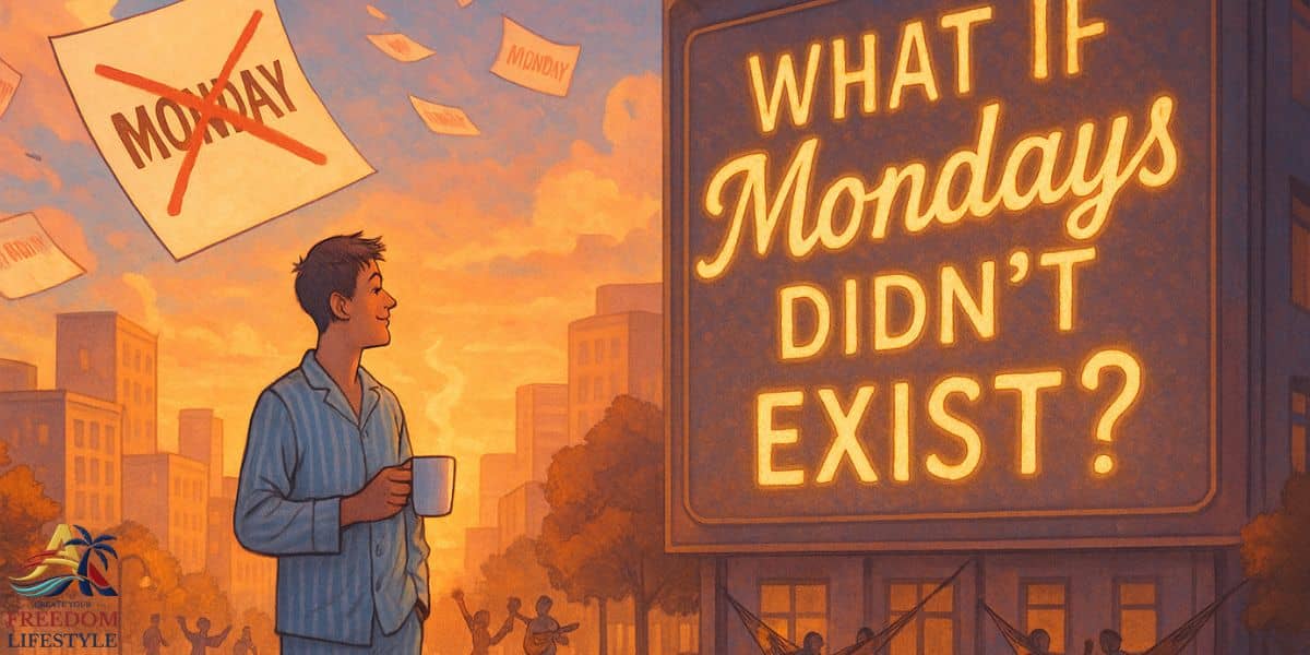 Surreal city scene imagining a world without Mondays, featuring a glowing billboard with the text “What If Mondays Didn't Exist?” and joyful people embracing a stress-free morning.